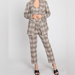 GeeGee Wall Street Full Size Bra, Blazer, and Pants Set in Tan Plaid